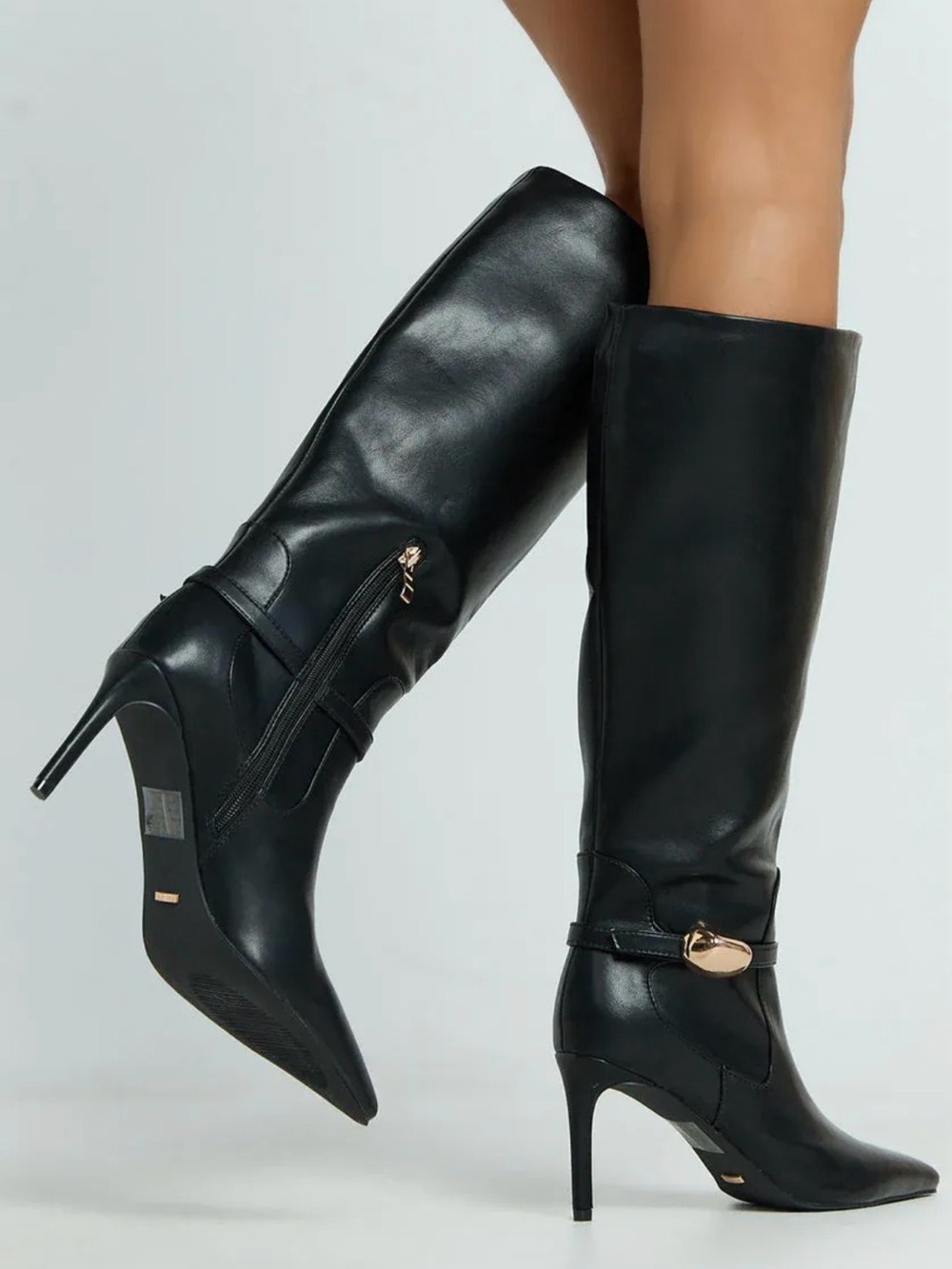 Billini Druella Black Leather Knee-High Stiletto Boots 8 -New In Box